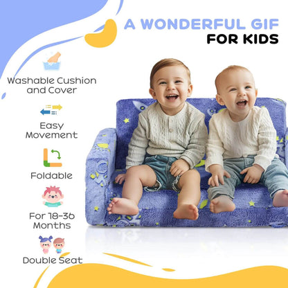 Boys Sitting on Qaba Couch with Glow in the Dark Space Pattern Blue