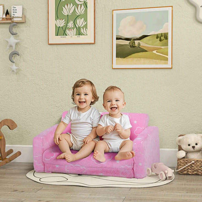Kids Sitting on Qaba Couch with Glow in the Dark Cloud Pattern Pink