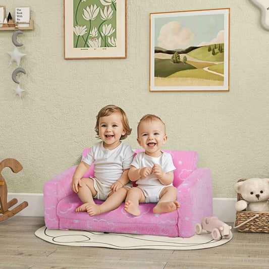 Kids Sitting on Qaba Couch with Glow in the Dark Cloud Pattern Pink