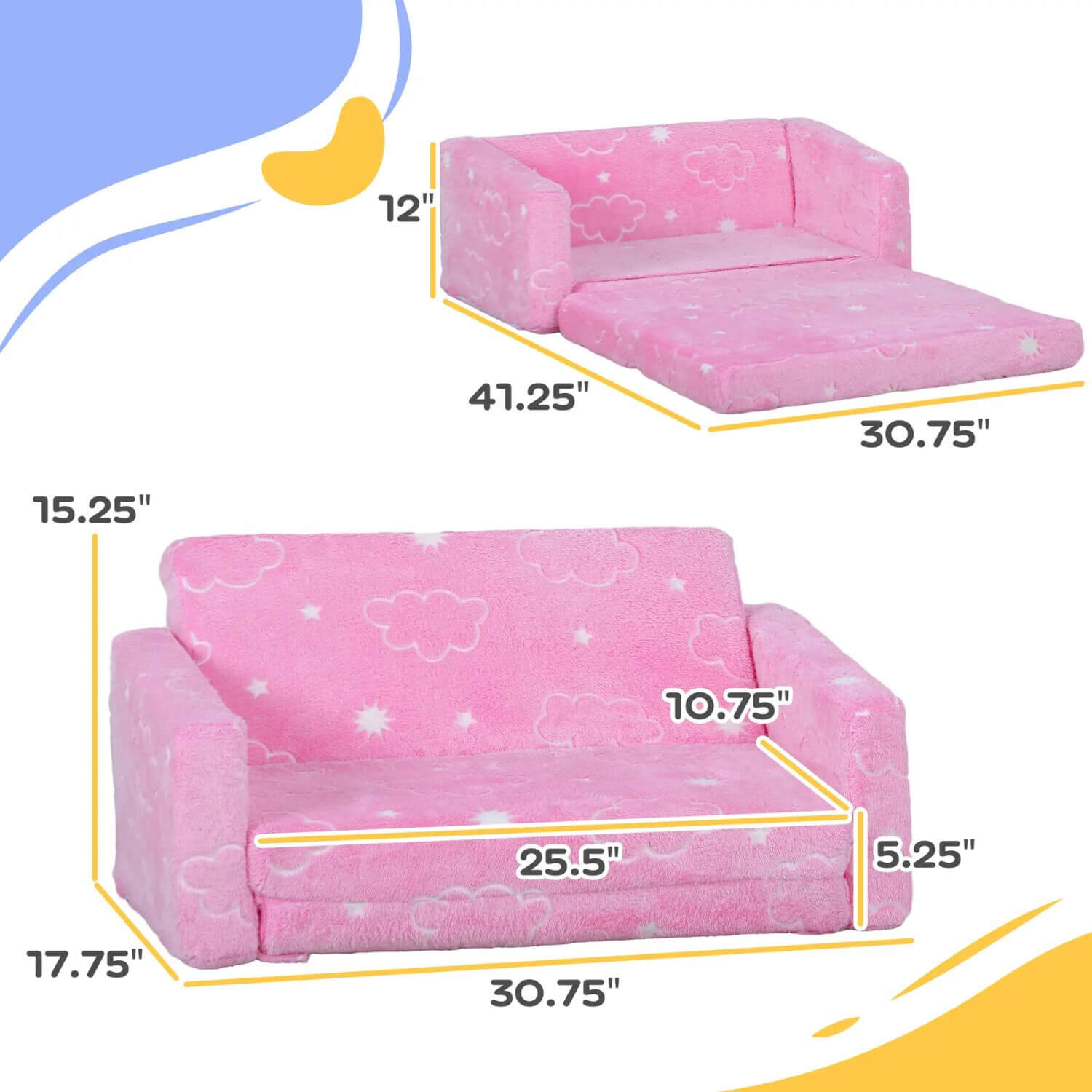 Qaba Couch with Glow in the Dark Cloud Pattern Pink