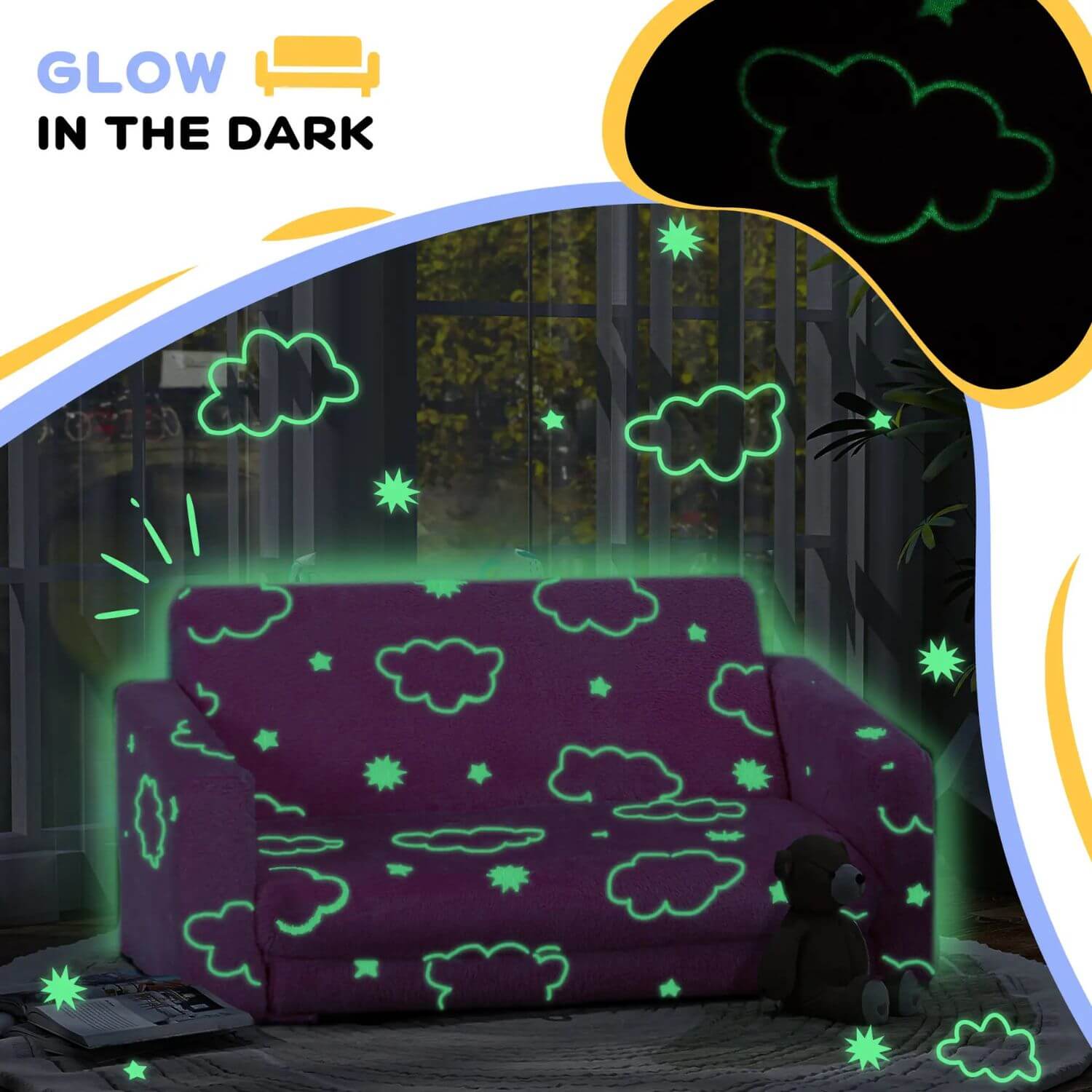 Qaba Couch with Glow in the Dark Cloud Pattern Pink