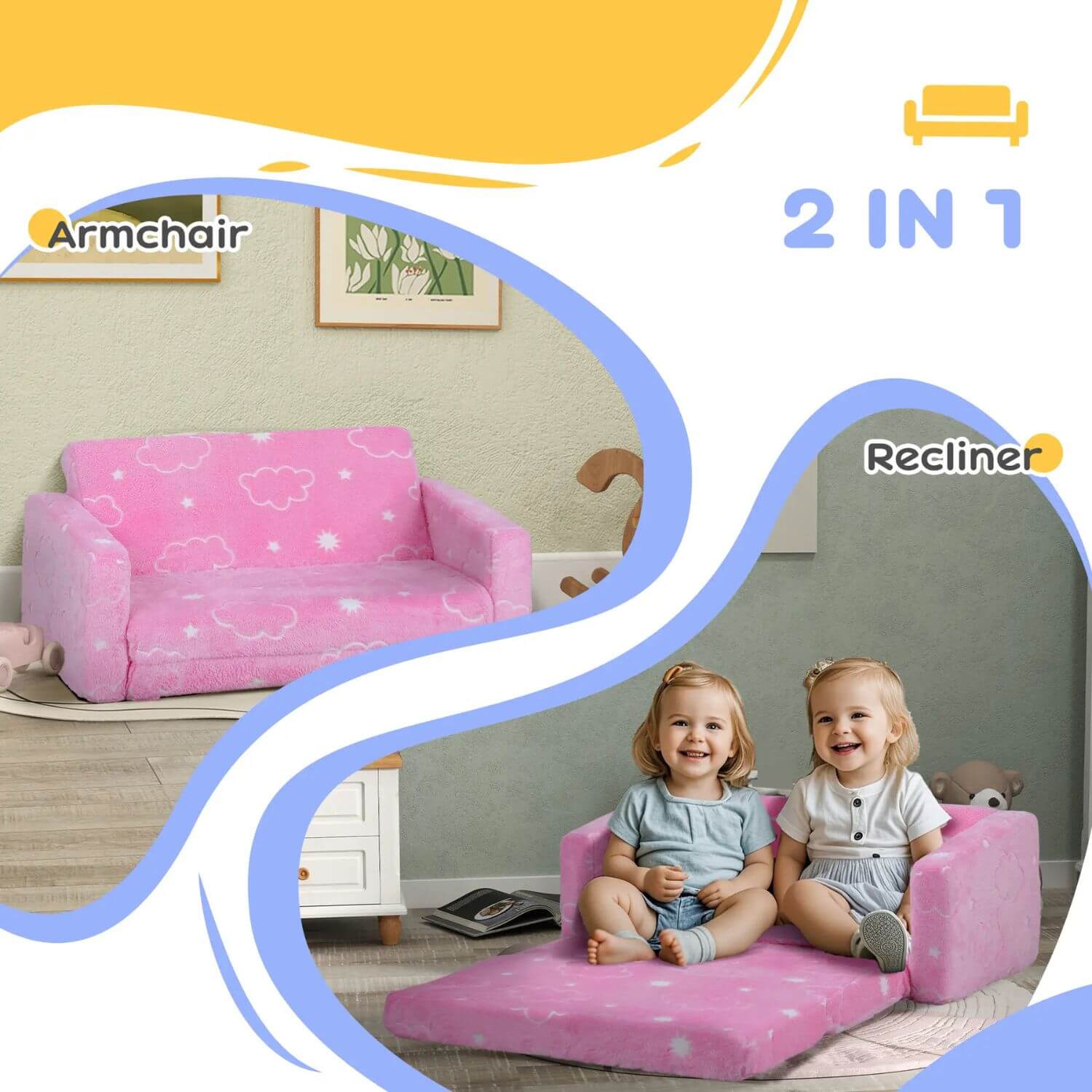 Qaba Couch with Glow in the Dark Cloud Pattern Pink