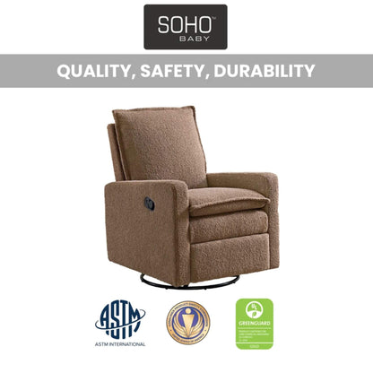 Oxford Baby Coventry Glider Recliner - Teddy Brown with safety labels featured