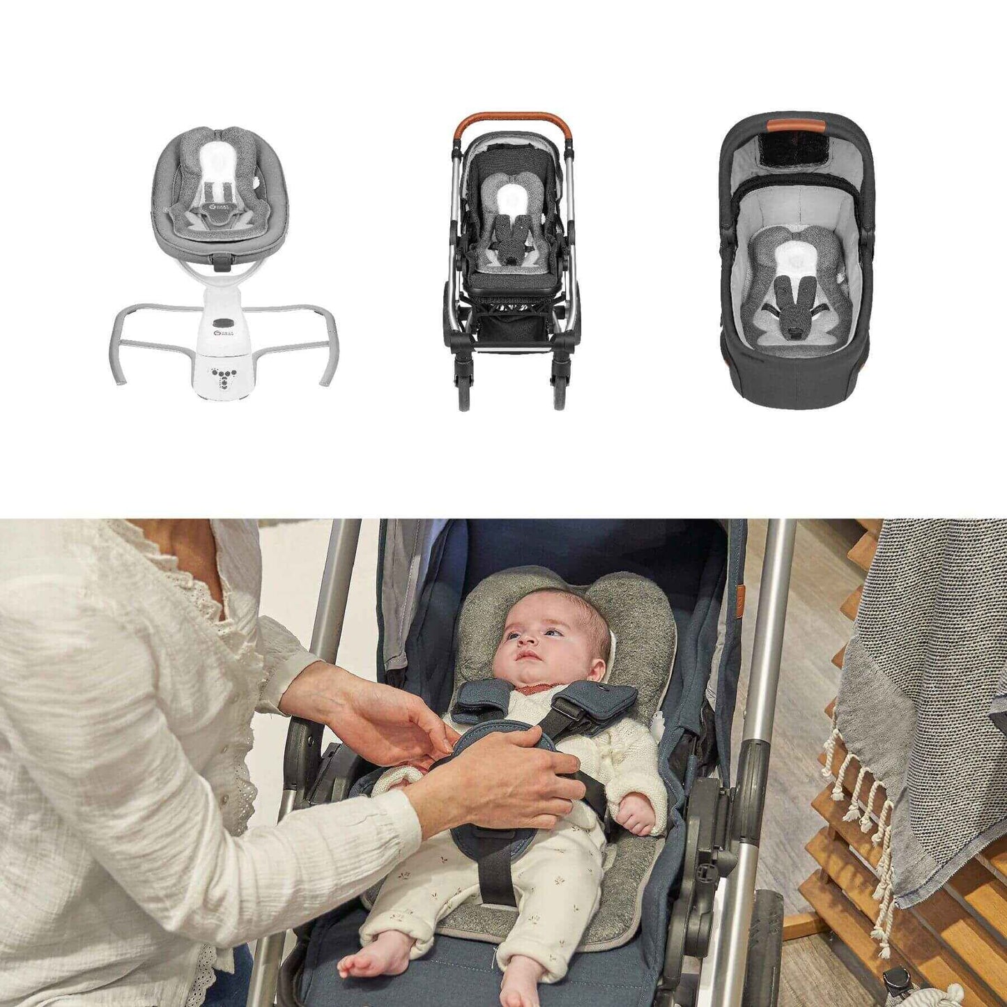 Baby car seat and stroller components with a baby being secured in a stroller.