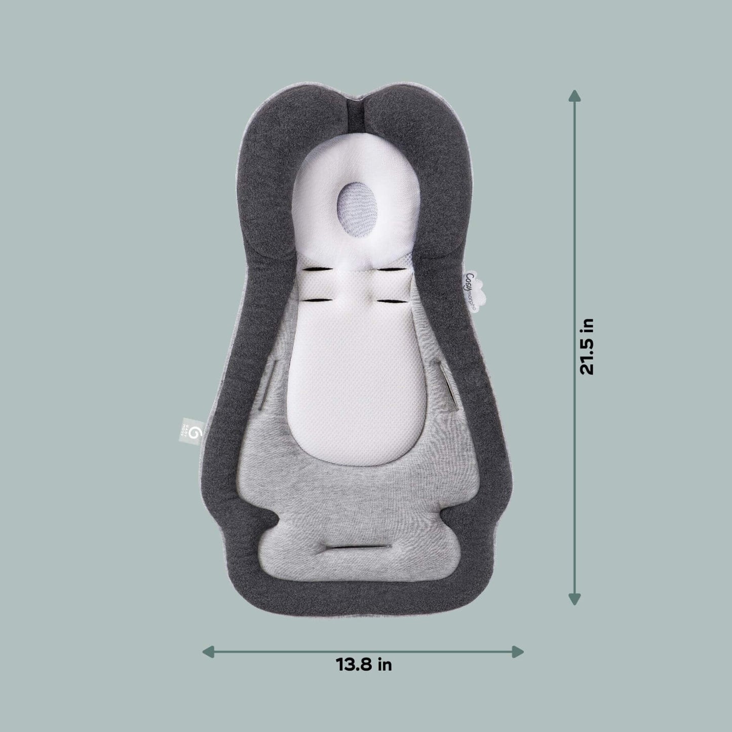 Cozymorpho Stroller & Seat Infant Insert with measurements on a light gray background