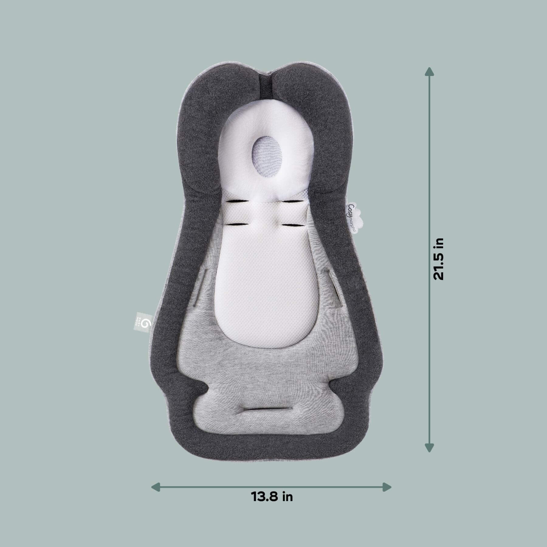 Cozymorpho Stroller & Seat Infant Insert with measurements on a light gray background