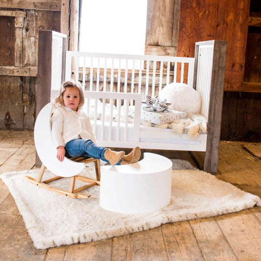 Milk Street Baby Crescent Moon Rocker Tot size Acacia with Snow - Lifestyle