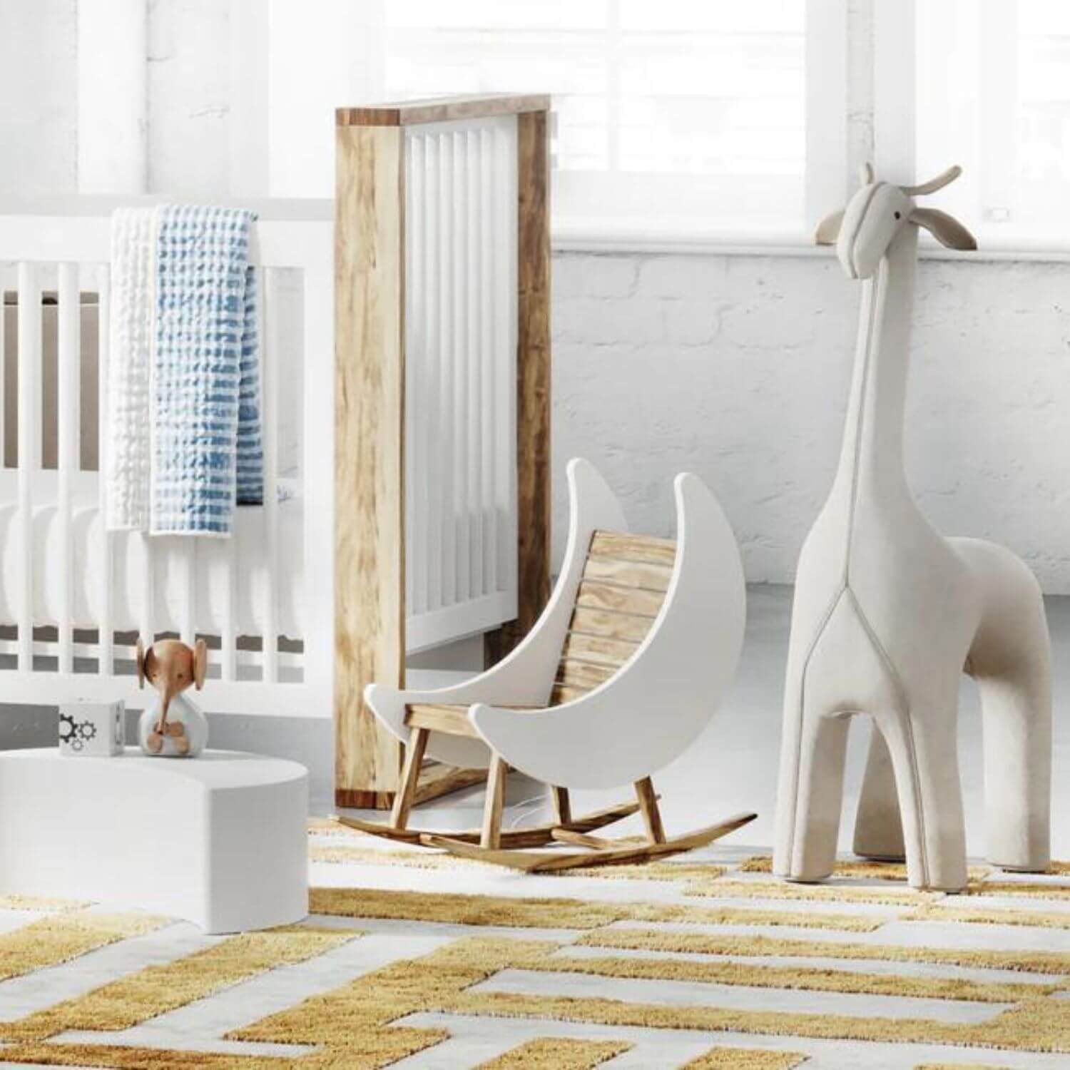 Milk Street Baby Crescent Moon Rocker Tot size Acacia with Snow - Lifestyle