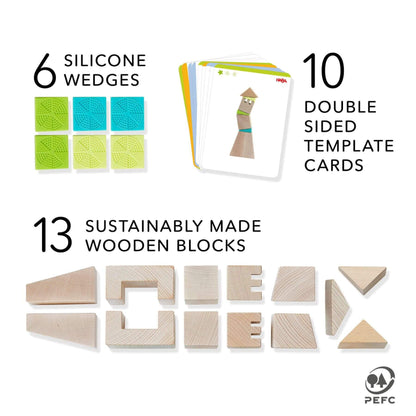 Educational toys with silicone wedges, template cards, and wooden blocks on a white background.
