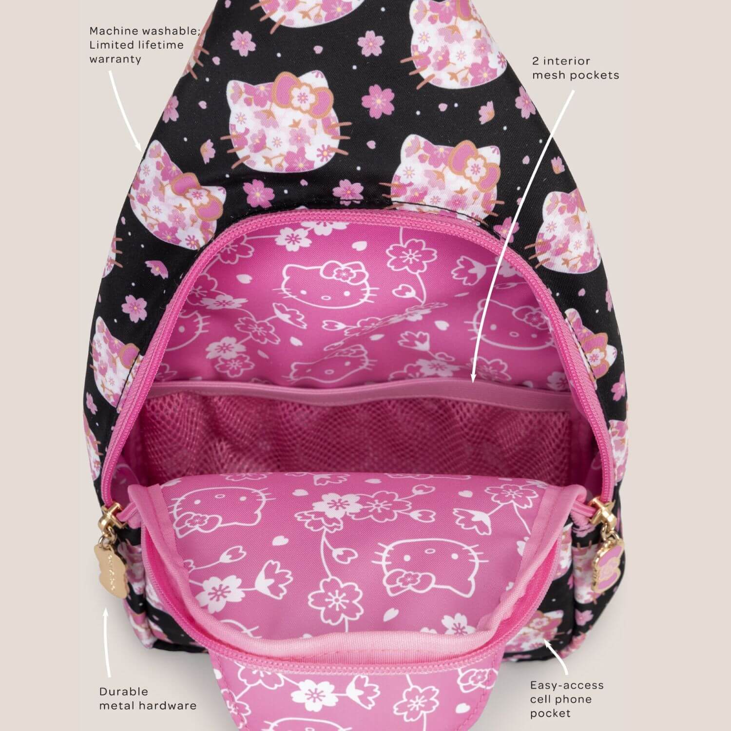 Crossbody Sling Cherry Blossoms with features highlighted on a beige background