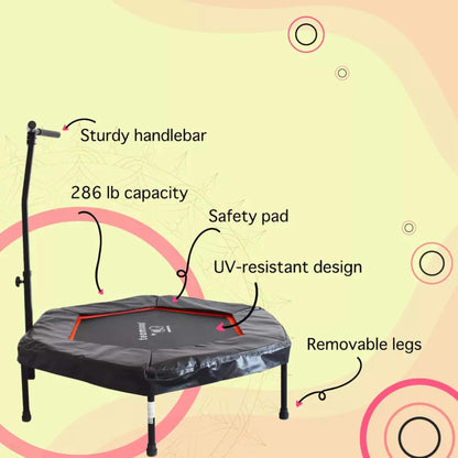 Crowntec 50'' UV-Resistant Hexagonal Trampoline with Handlebar with features highlighted on a colorful background