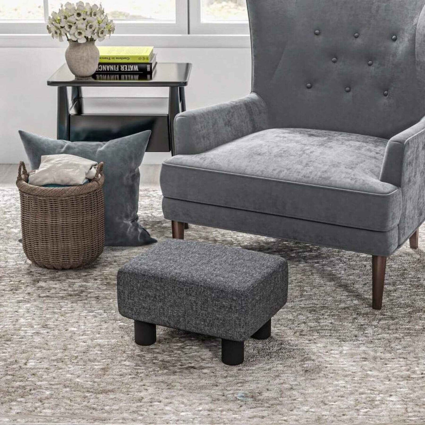 HOMCOM 16" Cube Modern Linen Fabric Pouf Footrest Ottoman Charcoal Gray w/ Chair