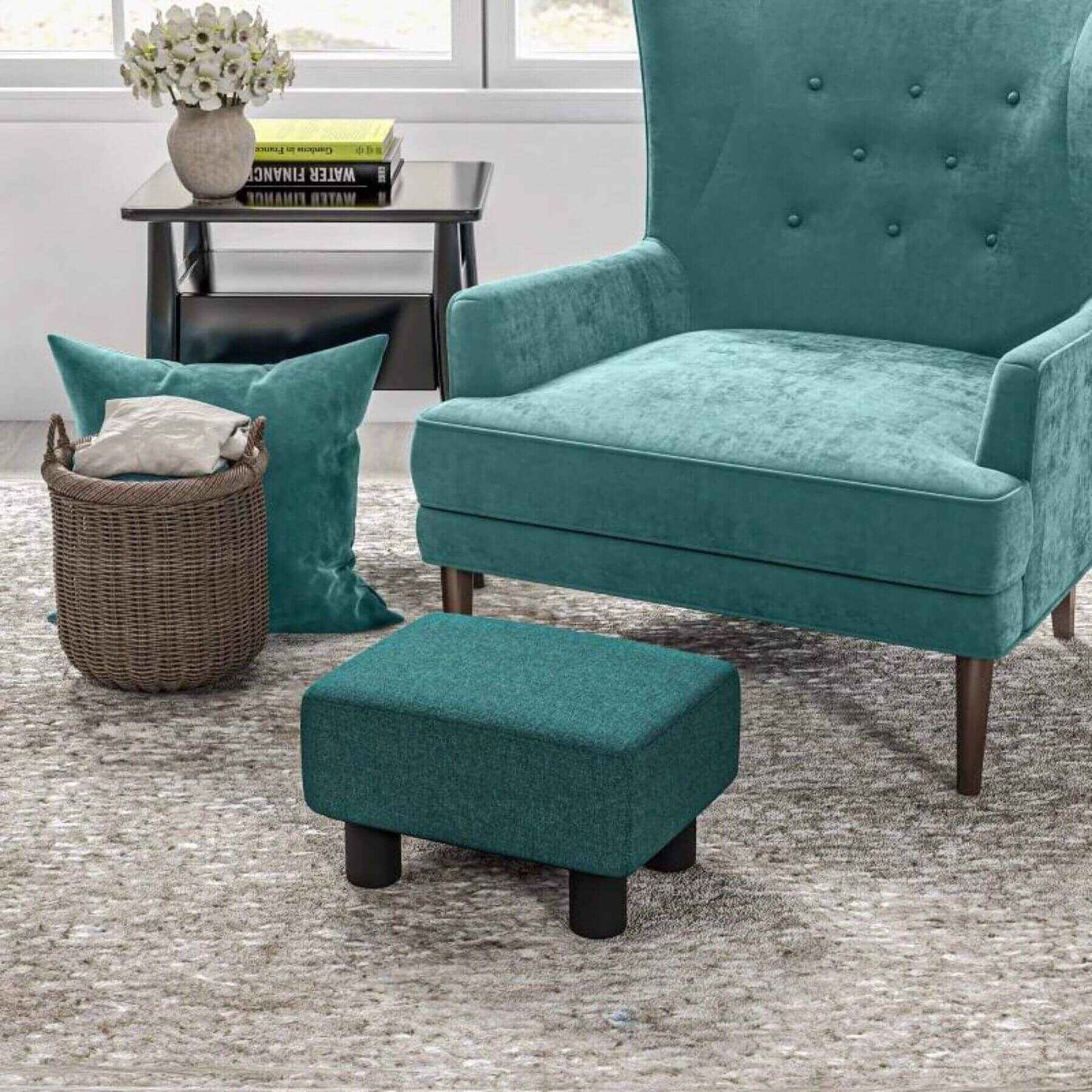 HOMCOM 16" Cube Modern Linen Fabric Pouf Footrest Ottoman Green w/ Chair