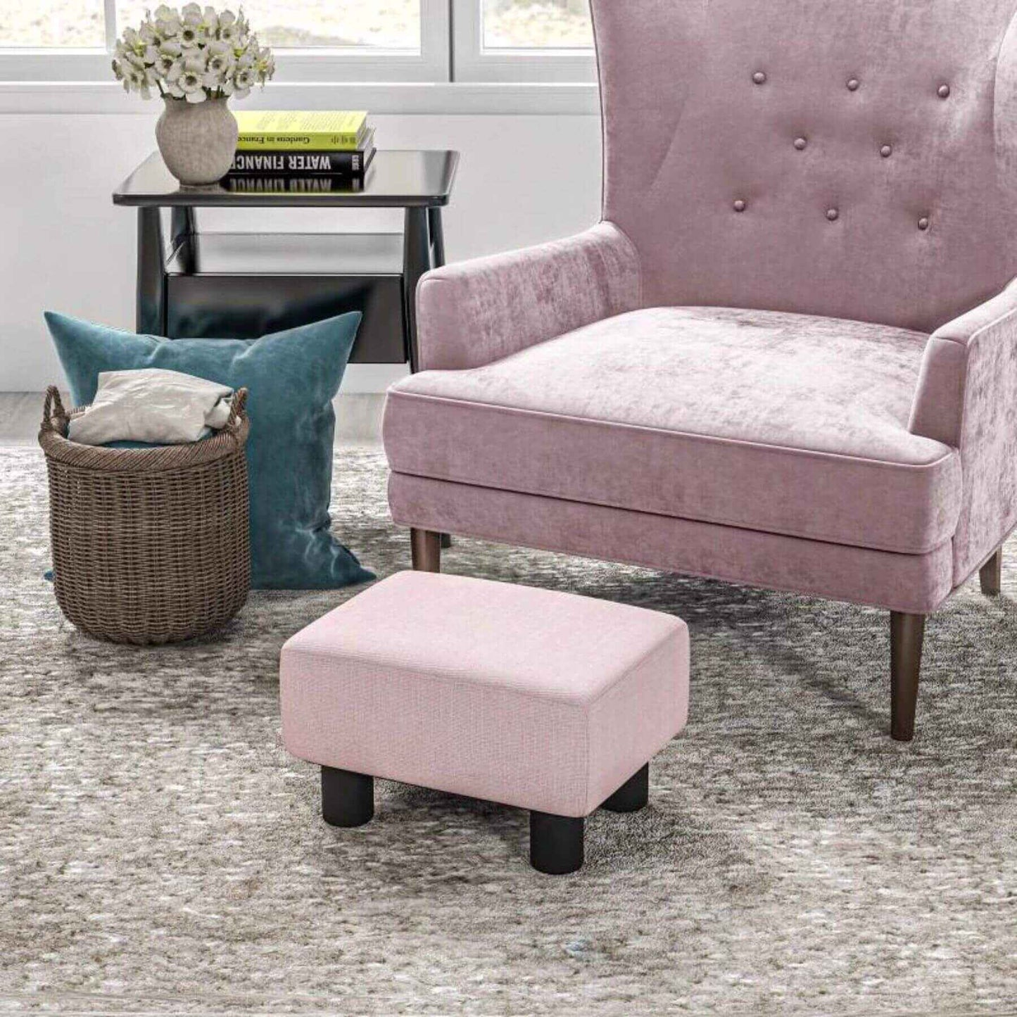 HOMCOM 16" Cube Modern Linen Fabric Pouf Footrest Ottoman Pink w/ Chair