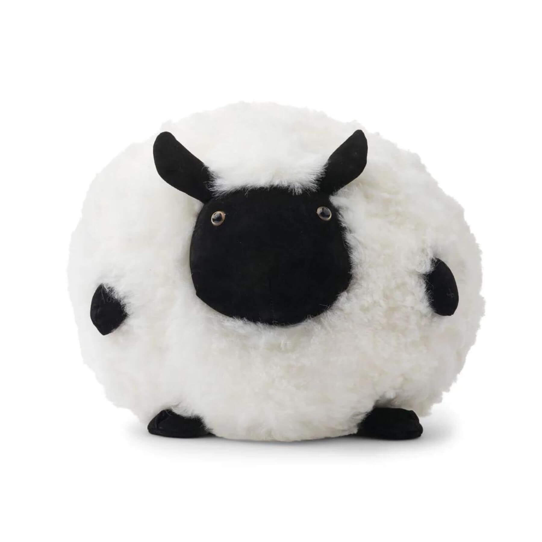 Cute Sheep Round Cushion, New Zealand Sheepskin, SW Curly, Size 34, Black/White