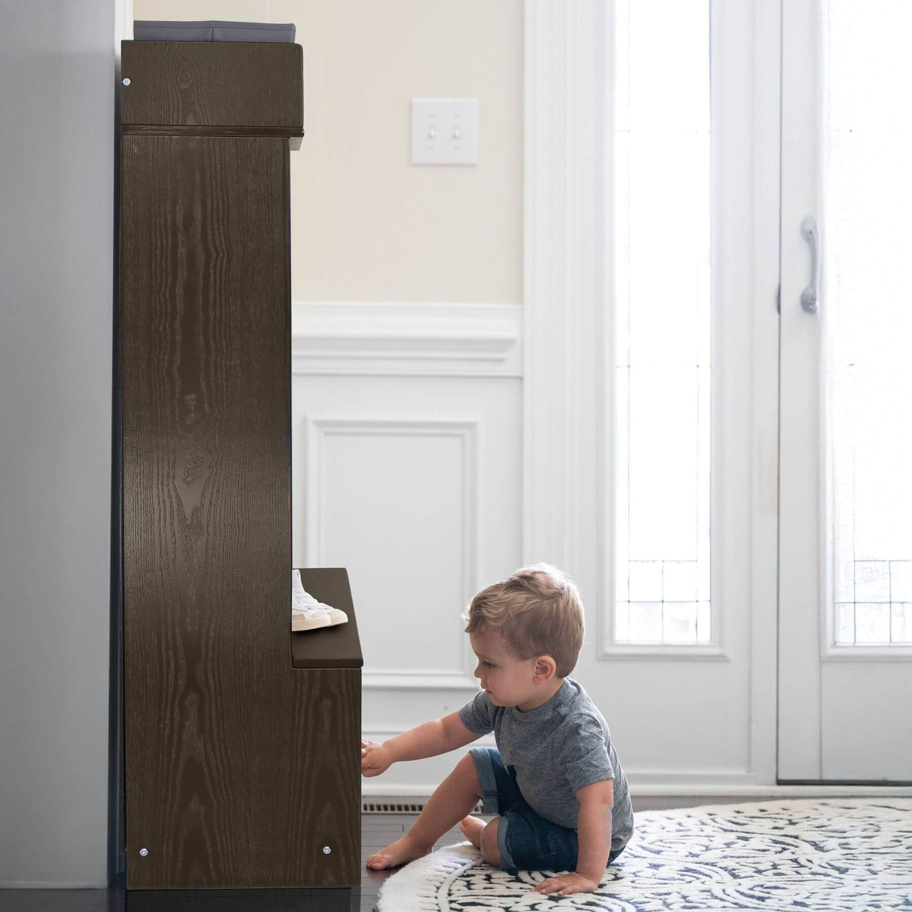 Boy Touching Little Partners Deluxe Cubby Charcoal Grey