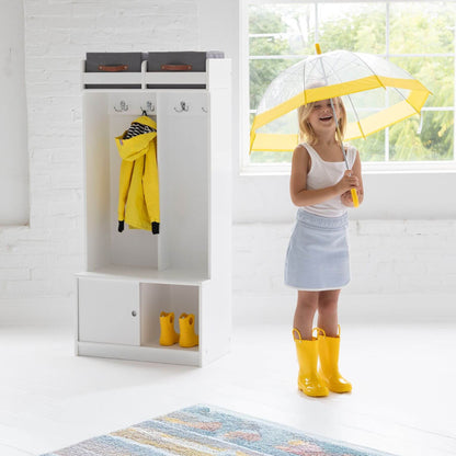 Girl Holding Umbrella next to Little Partners Deluxe Cubby White