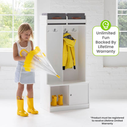 Girl Folding Umbrella next to Little Partners Deluxe Cubby White