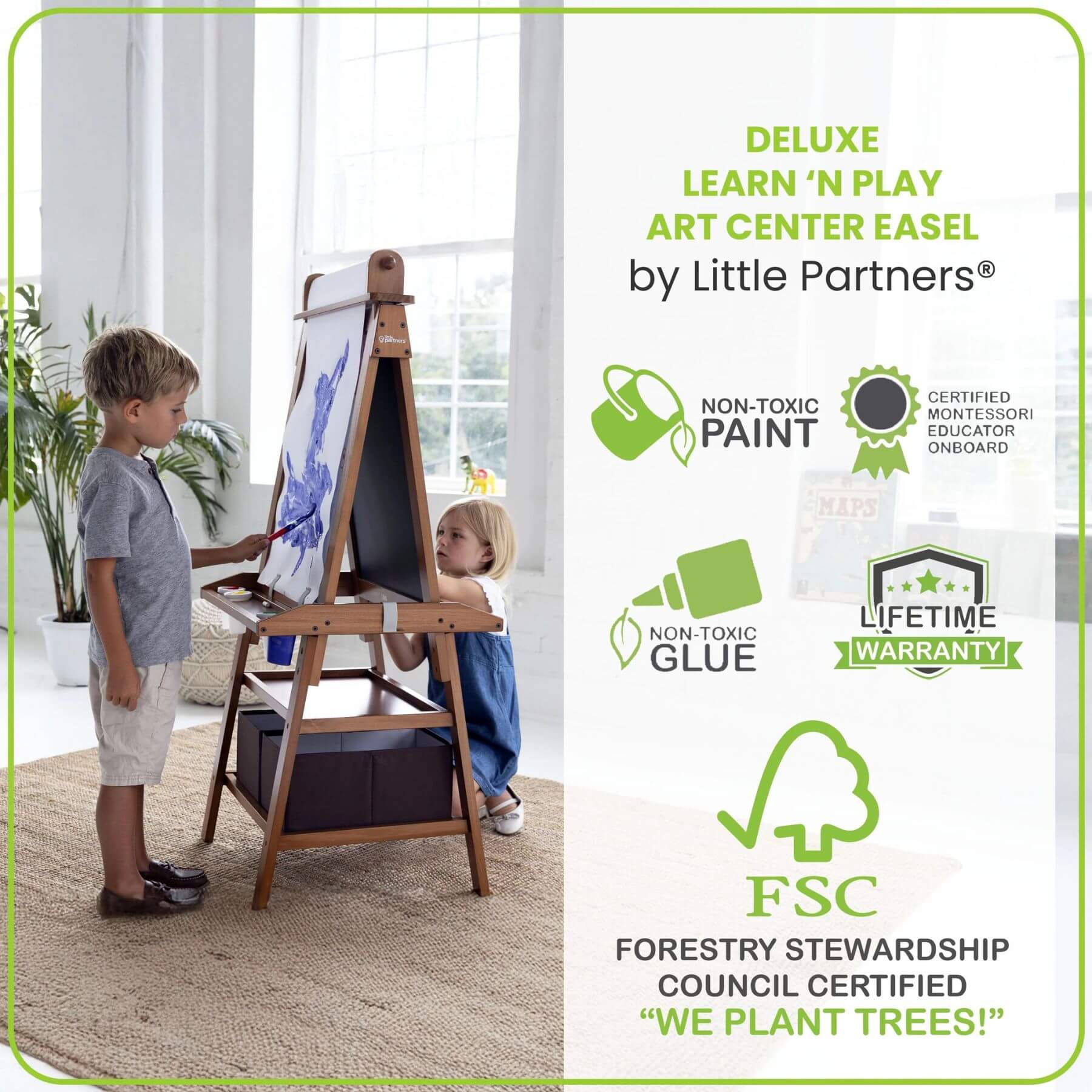 Kids Drawing on Both Sides of Little Partners Deluxe Learn & Play Art Center Espresso