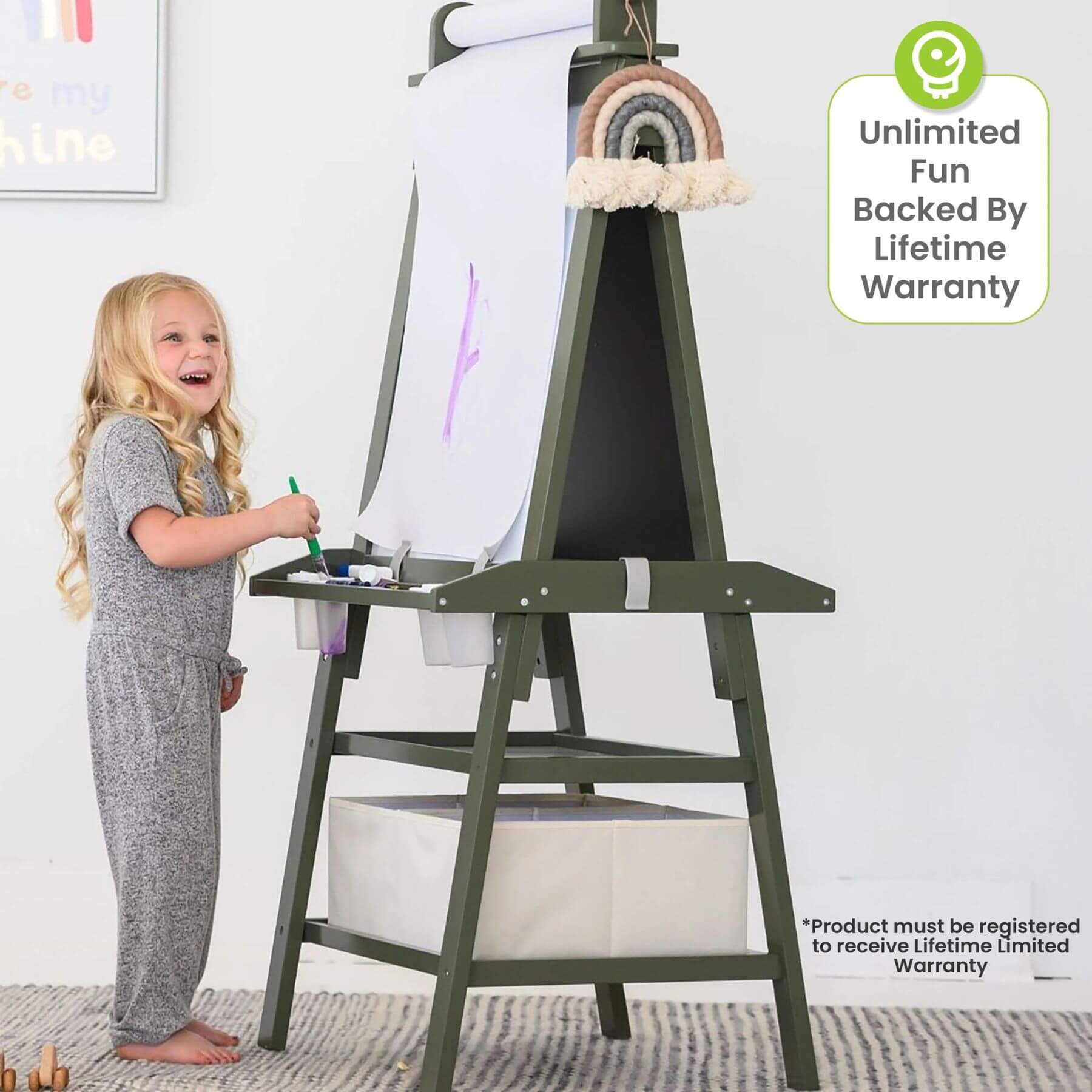 Girl Drawing on Little Partners Deluxe Learn & Play Art Center Olive Green
