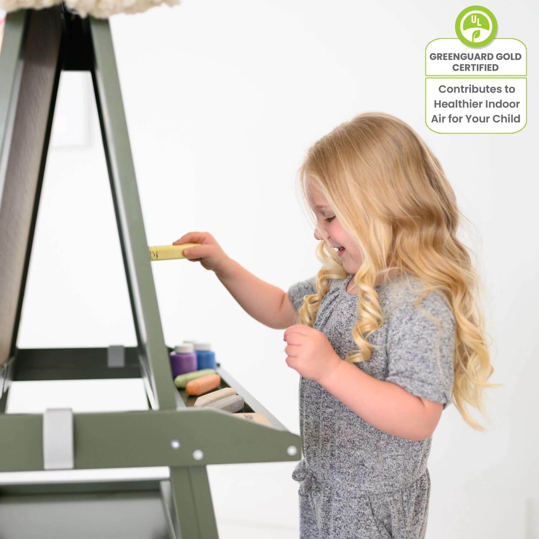 Girl Drawing on Little Partners Deluxe Learn & Play Art Center Olive Green