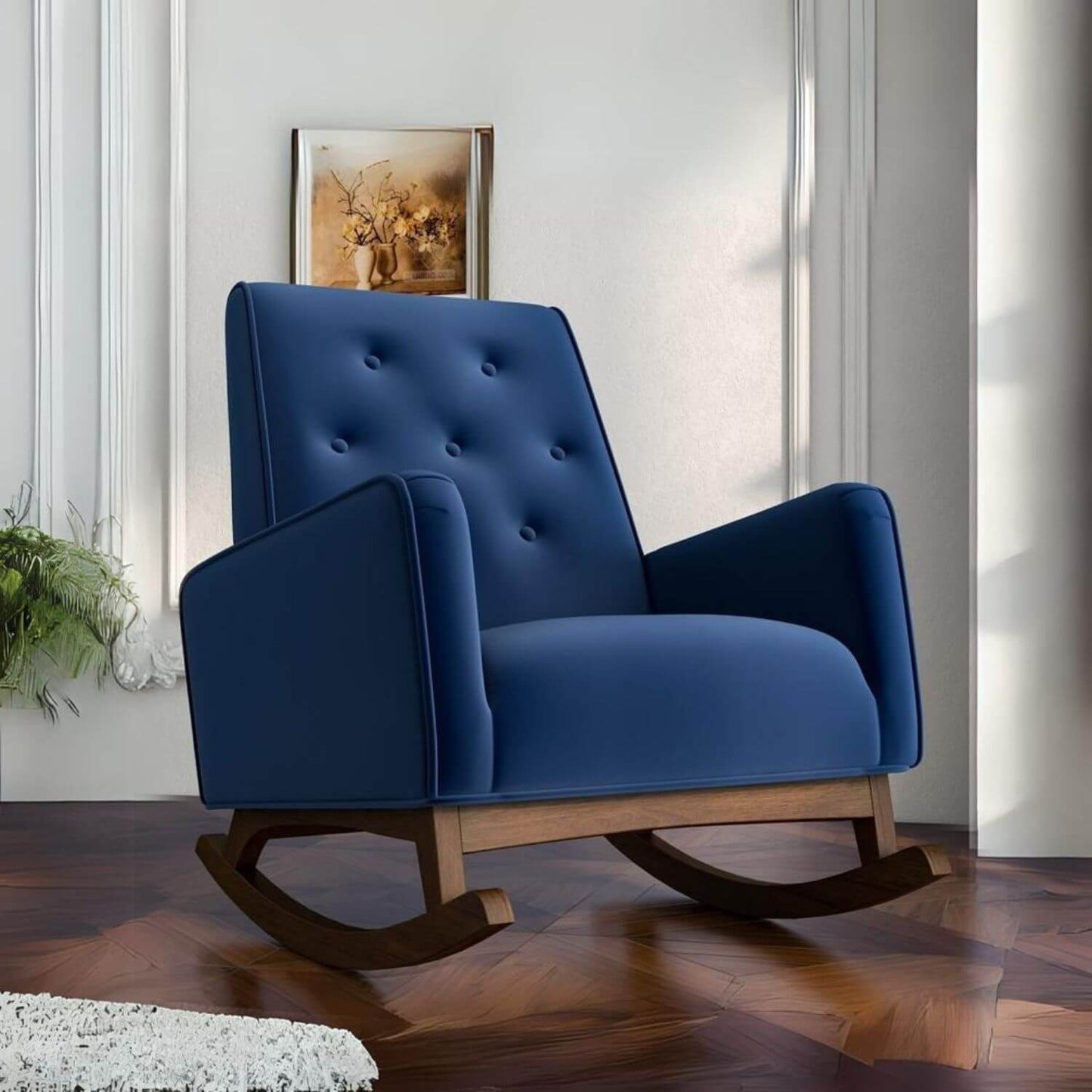 Ashcroft Demetrius Dark Blue Velvet Fabric Nursery Rocking Chair - Lifestyle