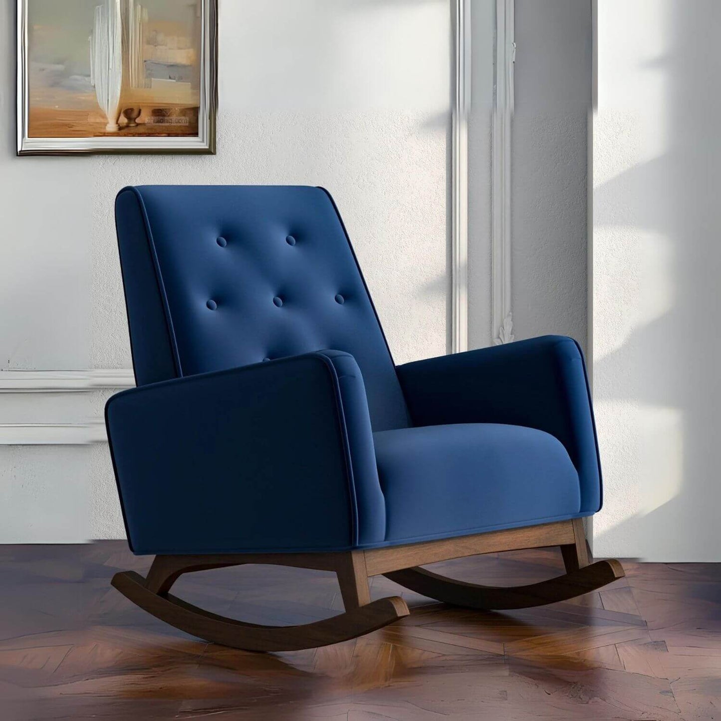 Ashcroft Demetrius Dark Blue Velvet Fabric Nursery Rocking Chair - Lifestyle