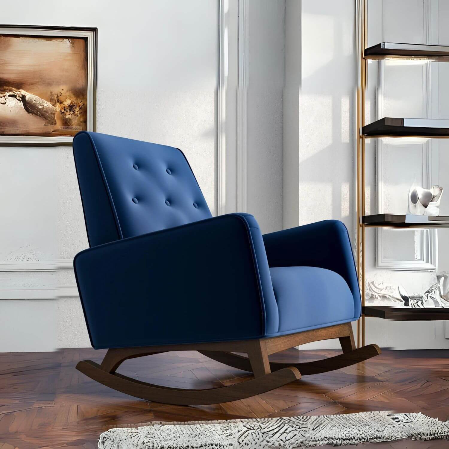 Ashcroft Demetrius Dark Blue Velvet Fabric Nursery Rocking Chair - Lifestyle