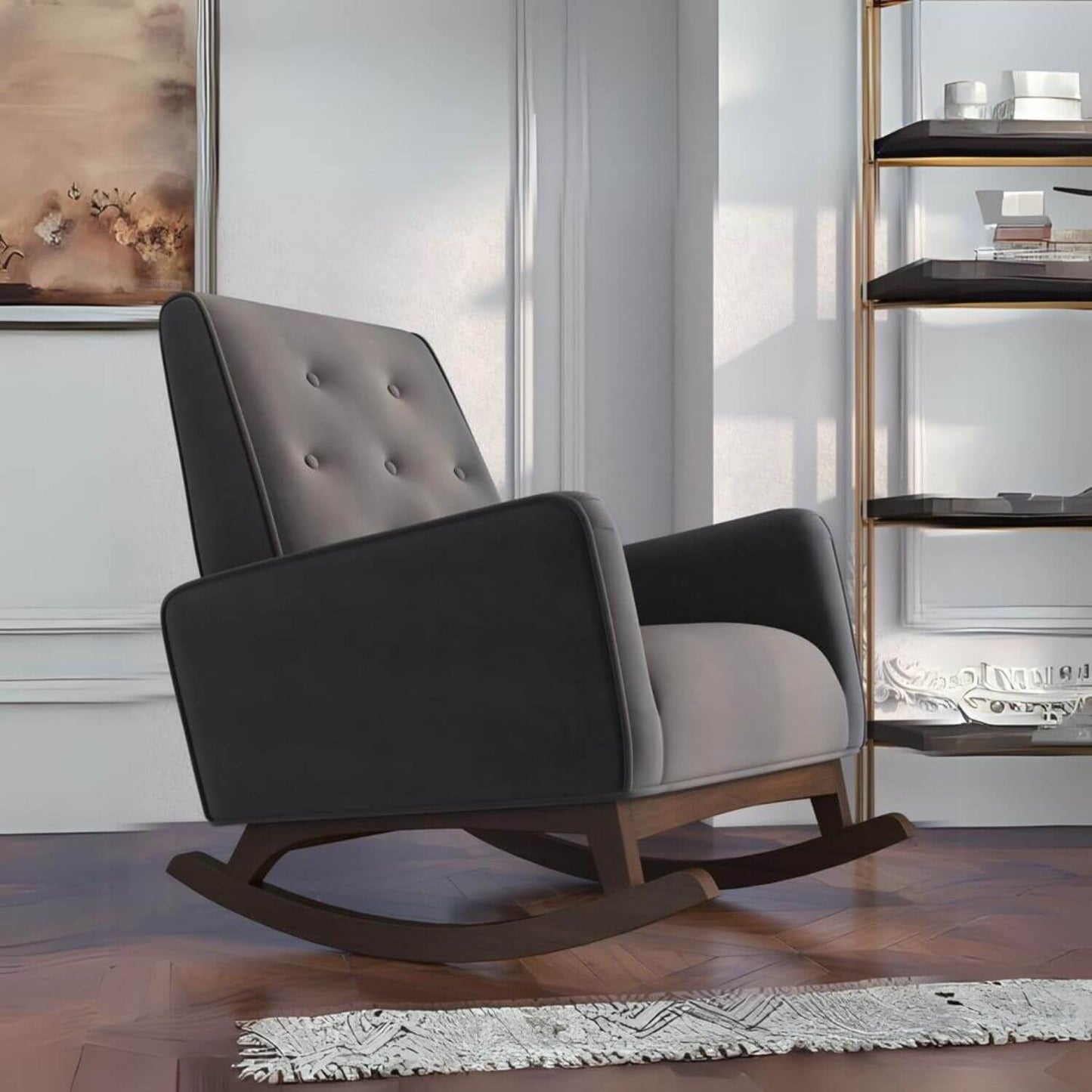 Ashcroft Demetrius Dark Grey Velvet Fabric Nursery Rocking Chair - Lifestyle