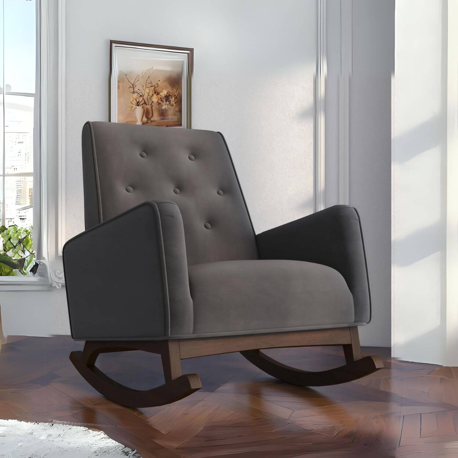 Ashcroft Demetrius Dark Grey Velvet Fabric Nursery Rocking Chair - Lifestyle