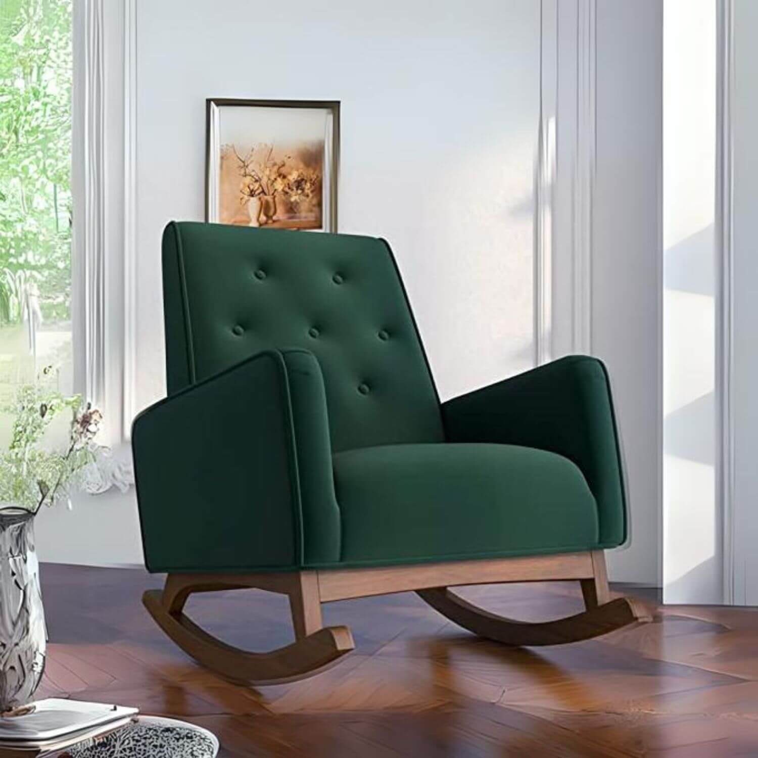 Ashcroft Demetrius Green Velvet Fabric Nursery Rocking Chair - Lifestyle