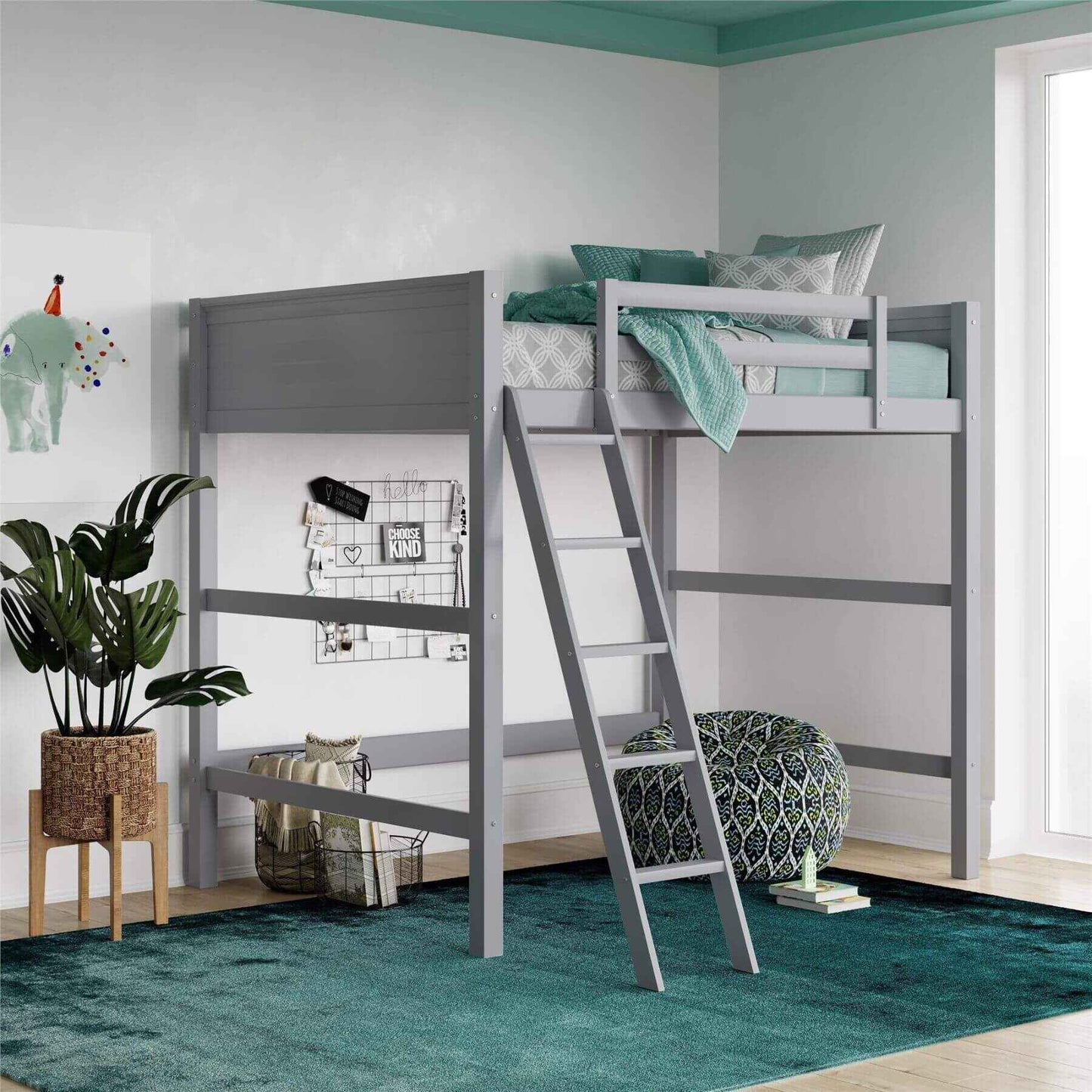 DHP Denver Loft Bed for Kids Full Size in a room with teal rug and decor