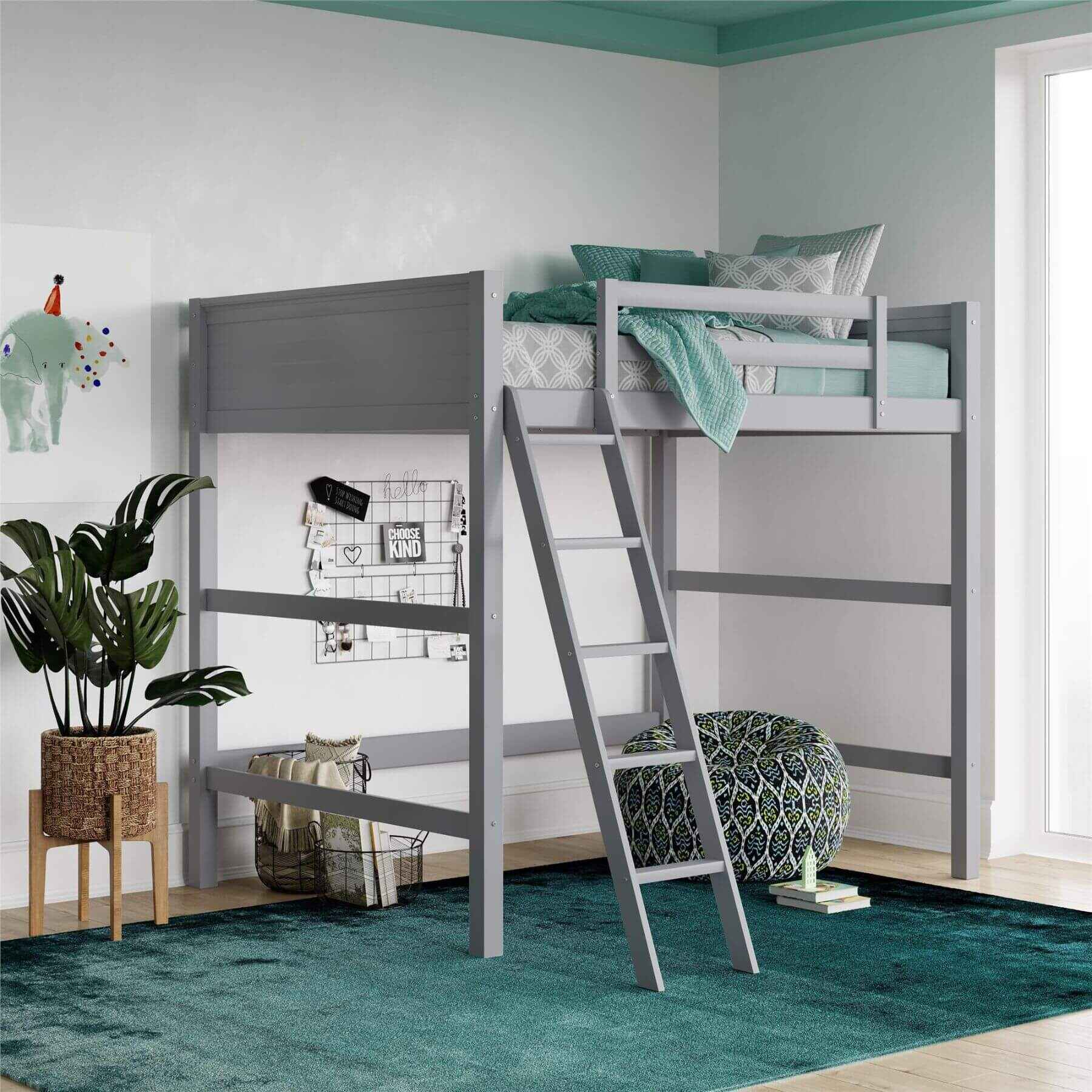 DHP Denver Loft Bed for Kids Full Size in a room with teal rug and decor