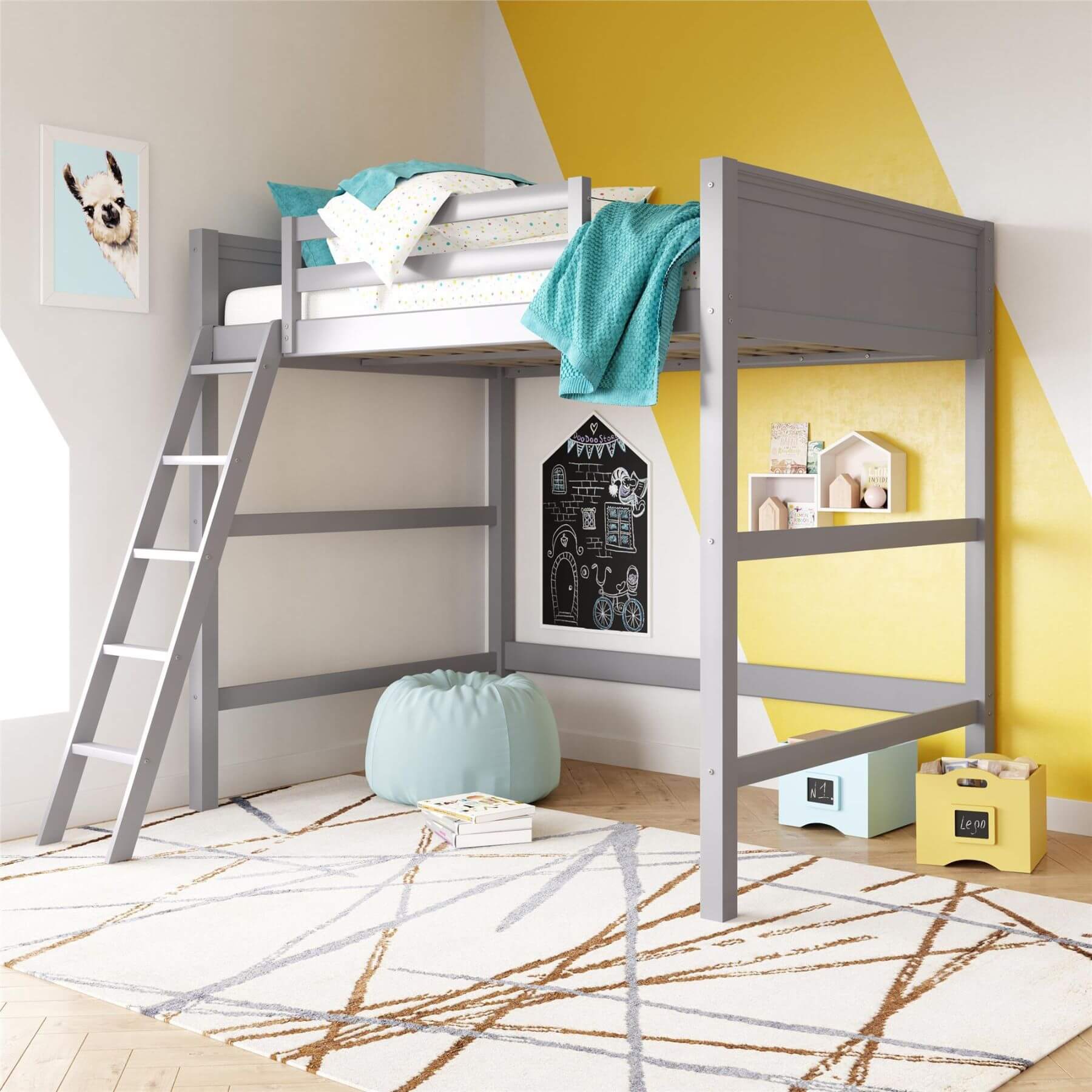 Children's room with DHP Denver Loft Bed for Kids Full Size, colorful rug, and toys.