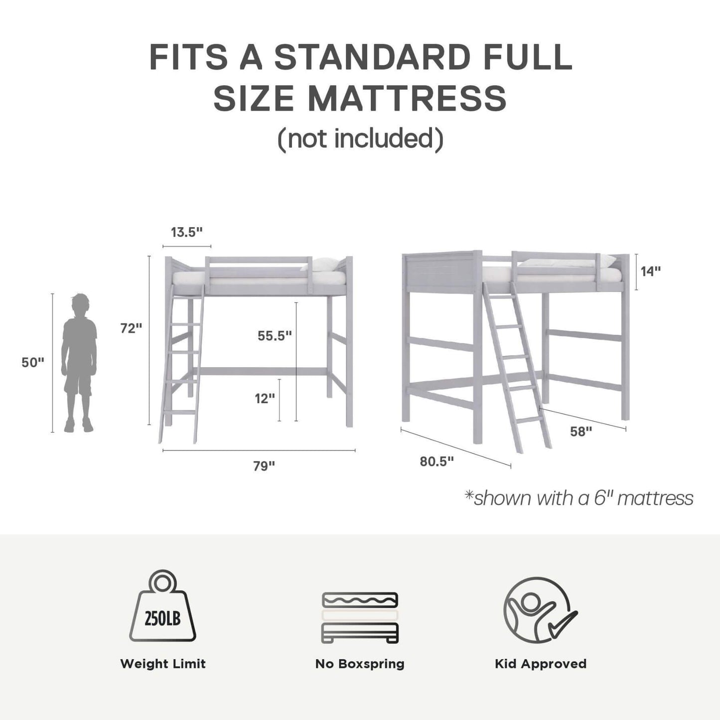 Dimensions and features of DHP Denver Loft Bed for Kids Full Size with mattress not included.