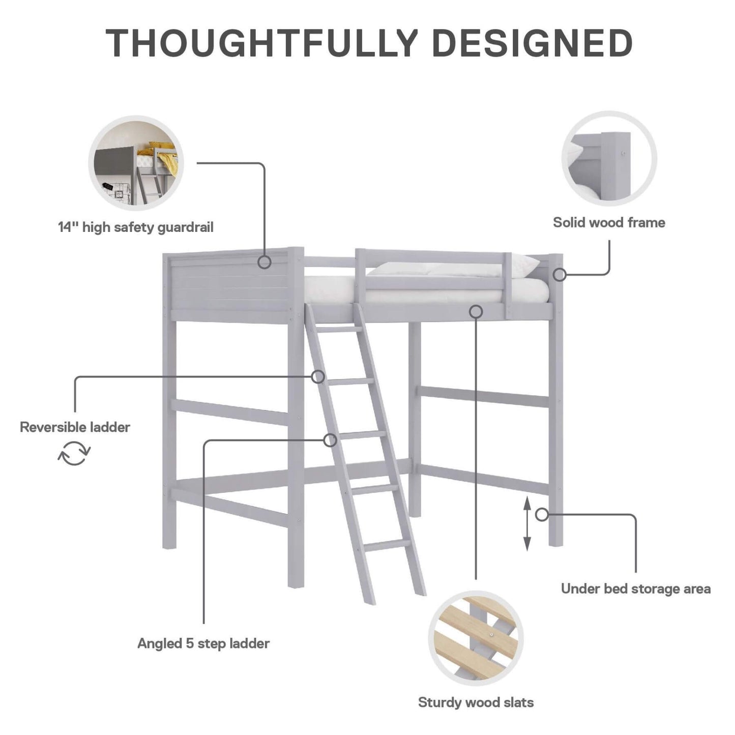 Diagram of DHP Denver Loft Bed for Kids Full Size with features labeled on a white background