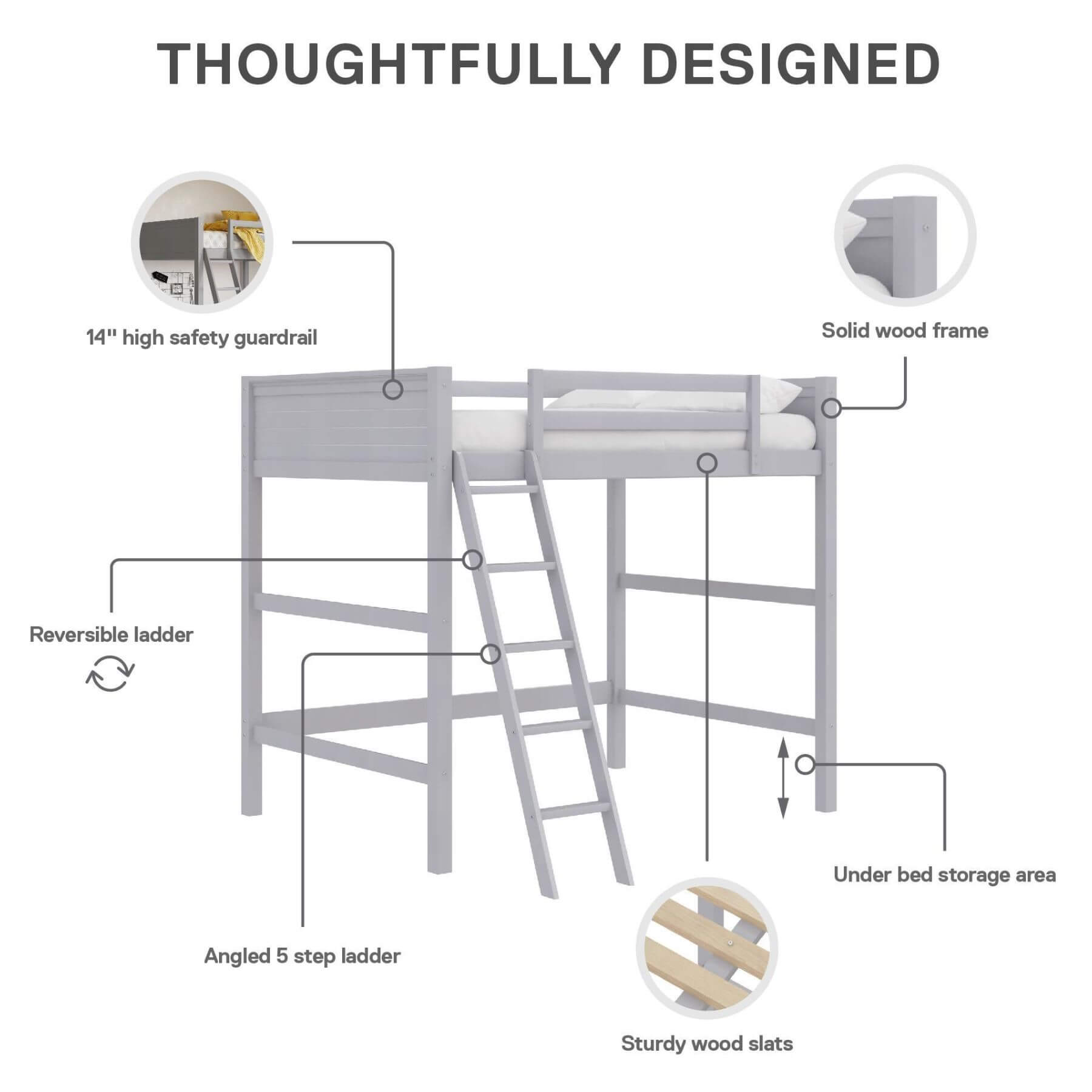 Diagram of DHP Denver Loft Bed for Kids Full Size with features labeled on a white background