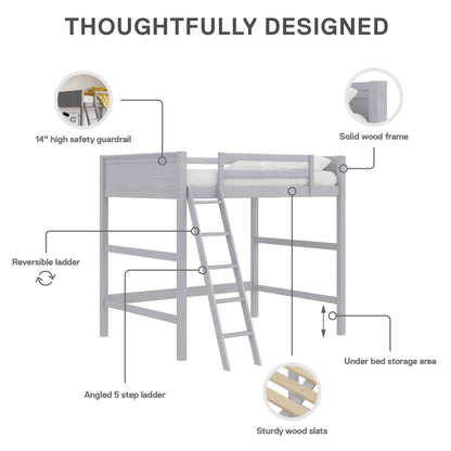 Diagram of DHP Denver Loft Bed for Kids Full Size with features labeled on a white background