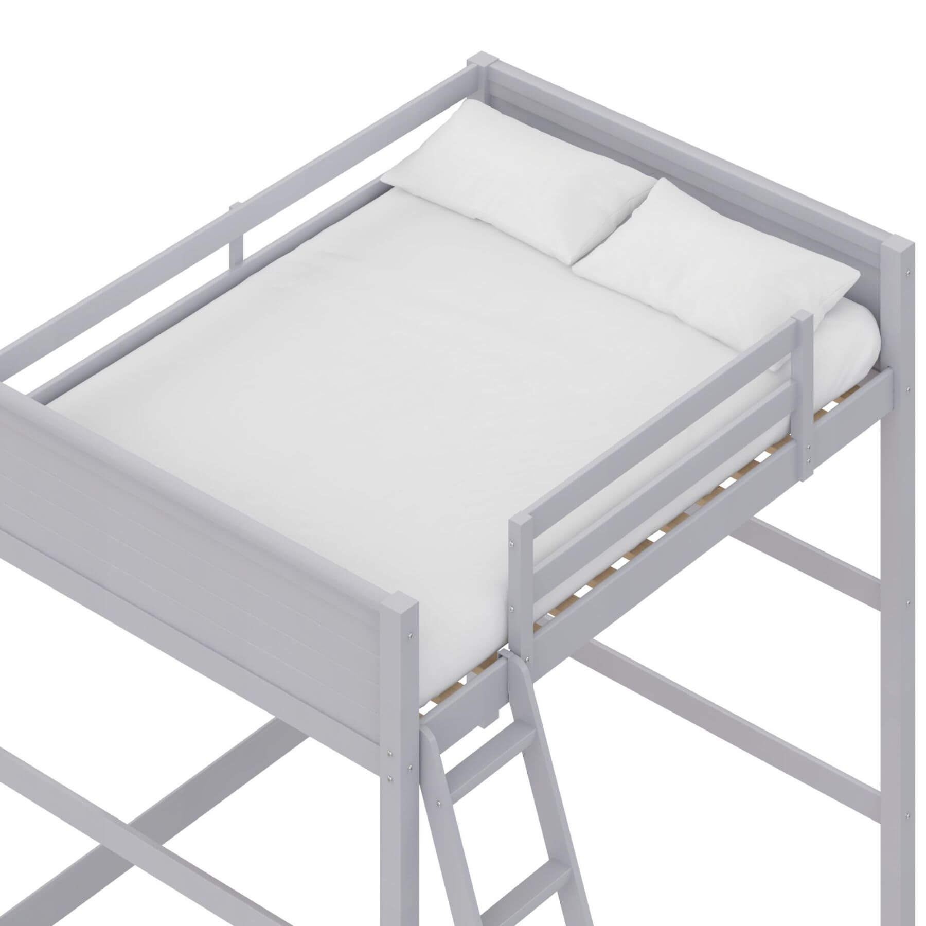 DHP Denver Loft Bed for Kids Full Size with mattress and pillows on a white background
