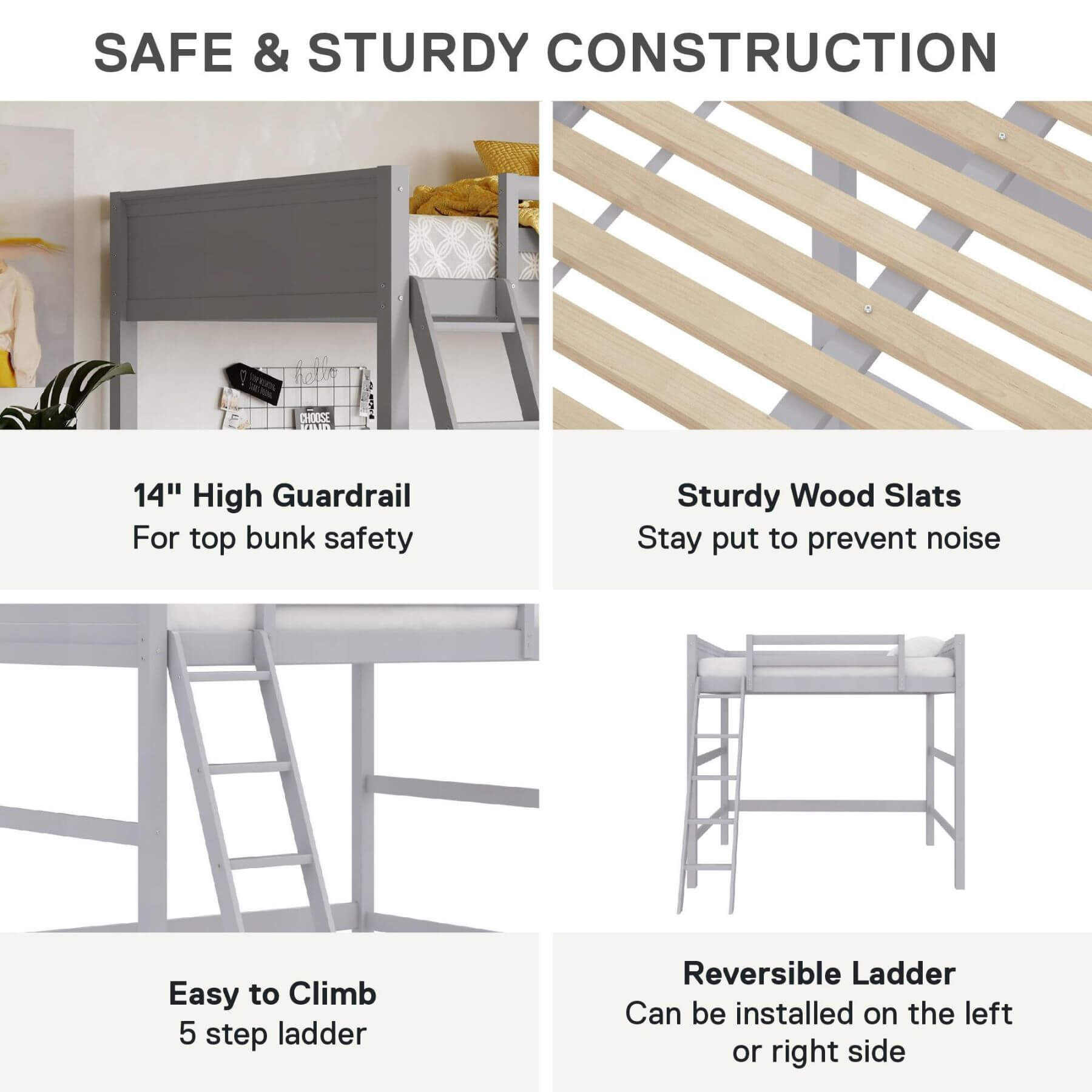 Collage of features of a bunk bed including guardrail height, wood slats, ladder, and reversible design.