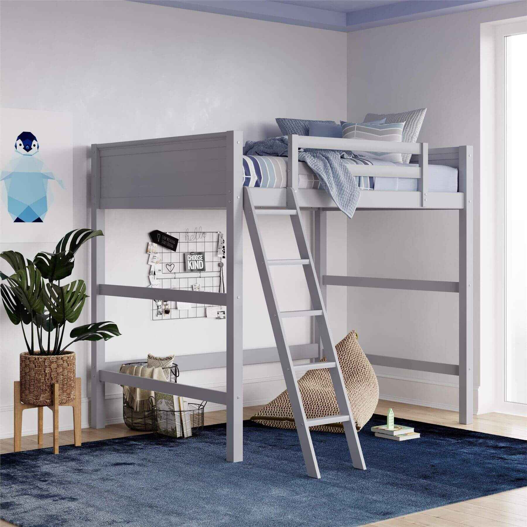 DHP Denver Loft Bed for Kids Full Size in a room with a plant and rug.
