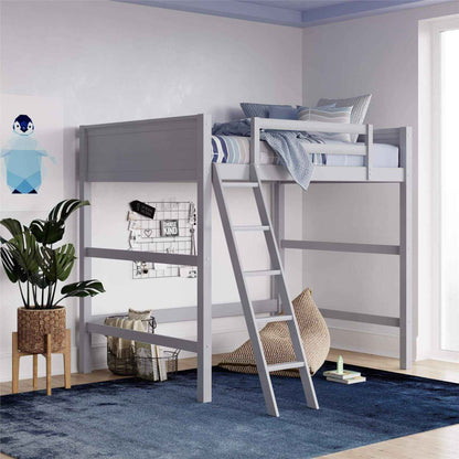 DHP Denver Loft Bed for Kids Full Size in a room with a plant and rug.