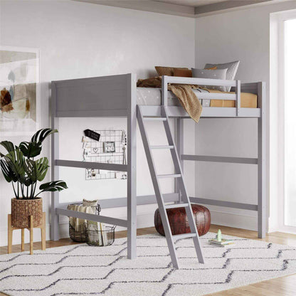 DHP Denver Loft Bed for Kids Full Size in a room with a plant and decor items.