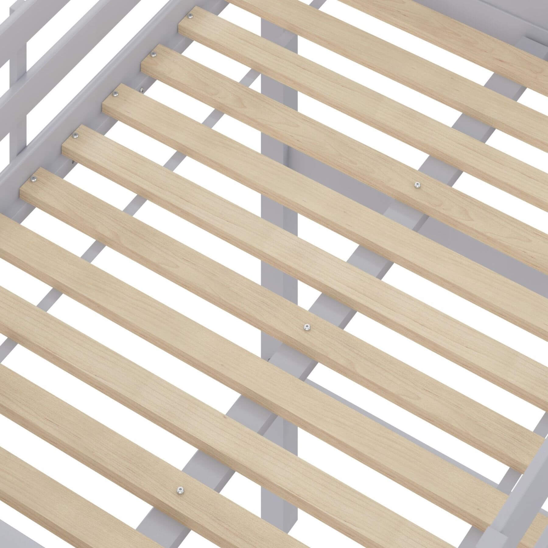 Close-up of a wooden slatted bed frame with metal support on a white background