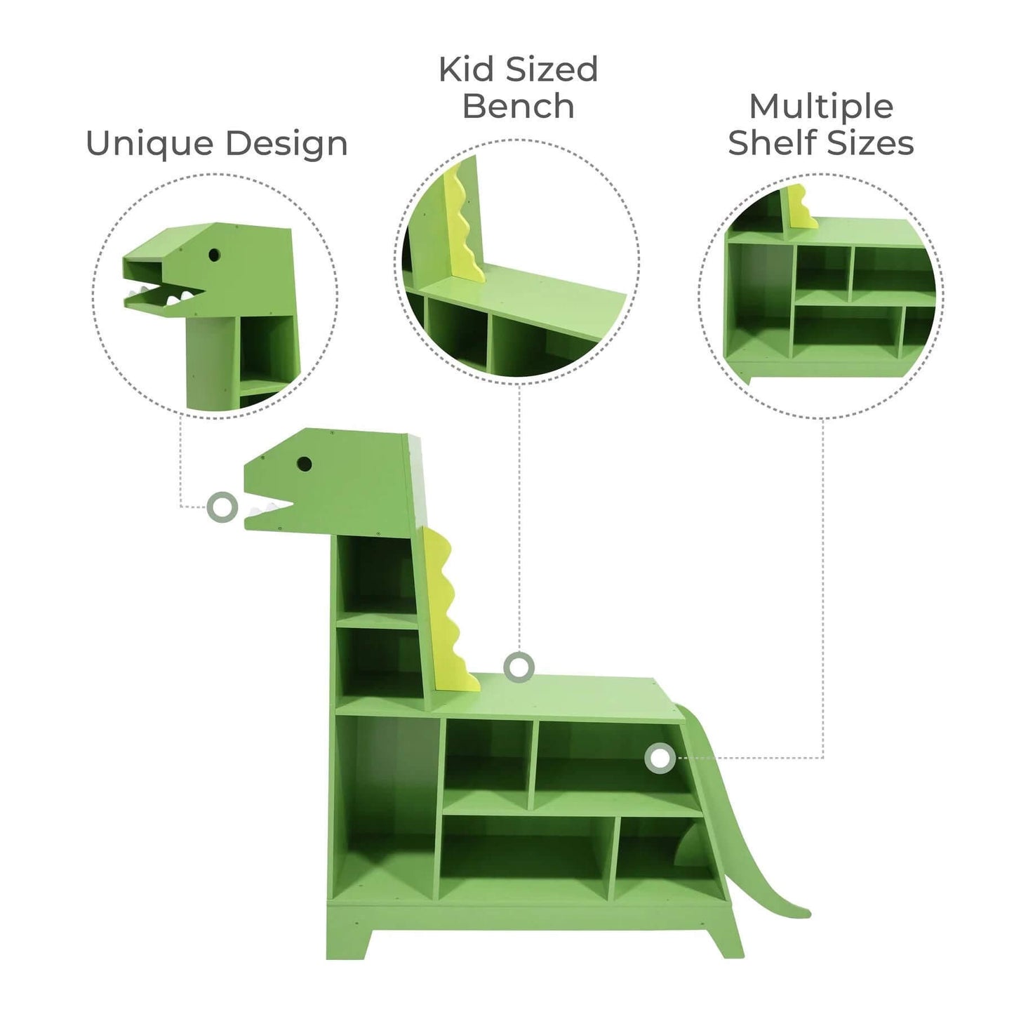 Teamson Kids Dinosaur Shaped Kids Bookcase / Toy Organizer Green