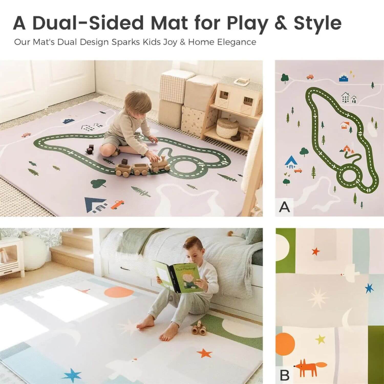 Boy Playing on Tiny Land® Double-Sided Baby Playmat Forest Track Wonder