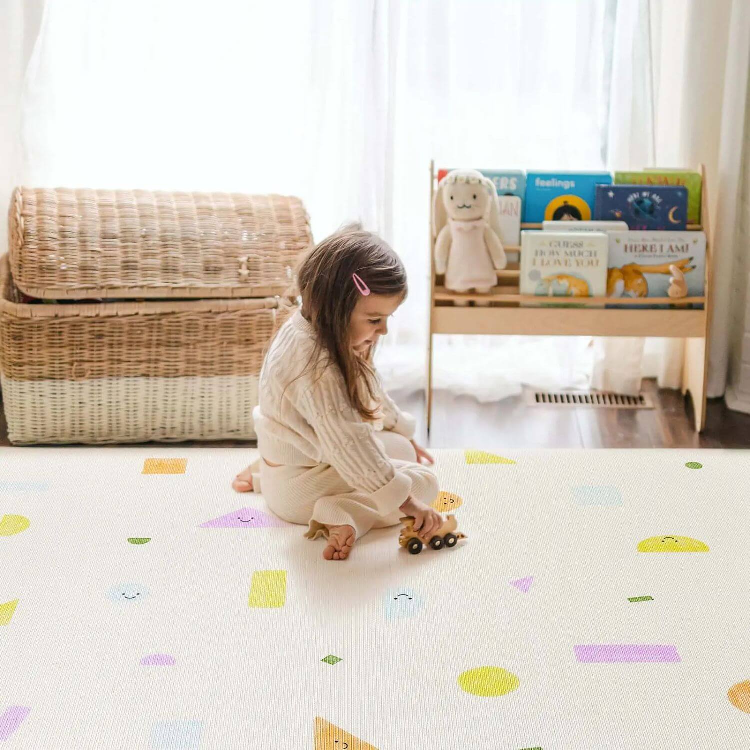 Girl Playing on Tiny Land® Double-Sided Baby Playmat Smiley Quest