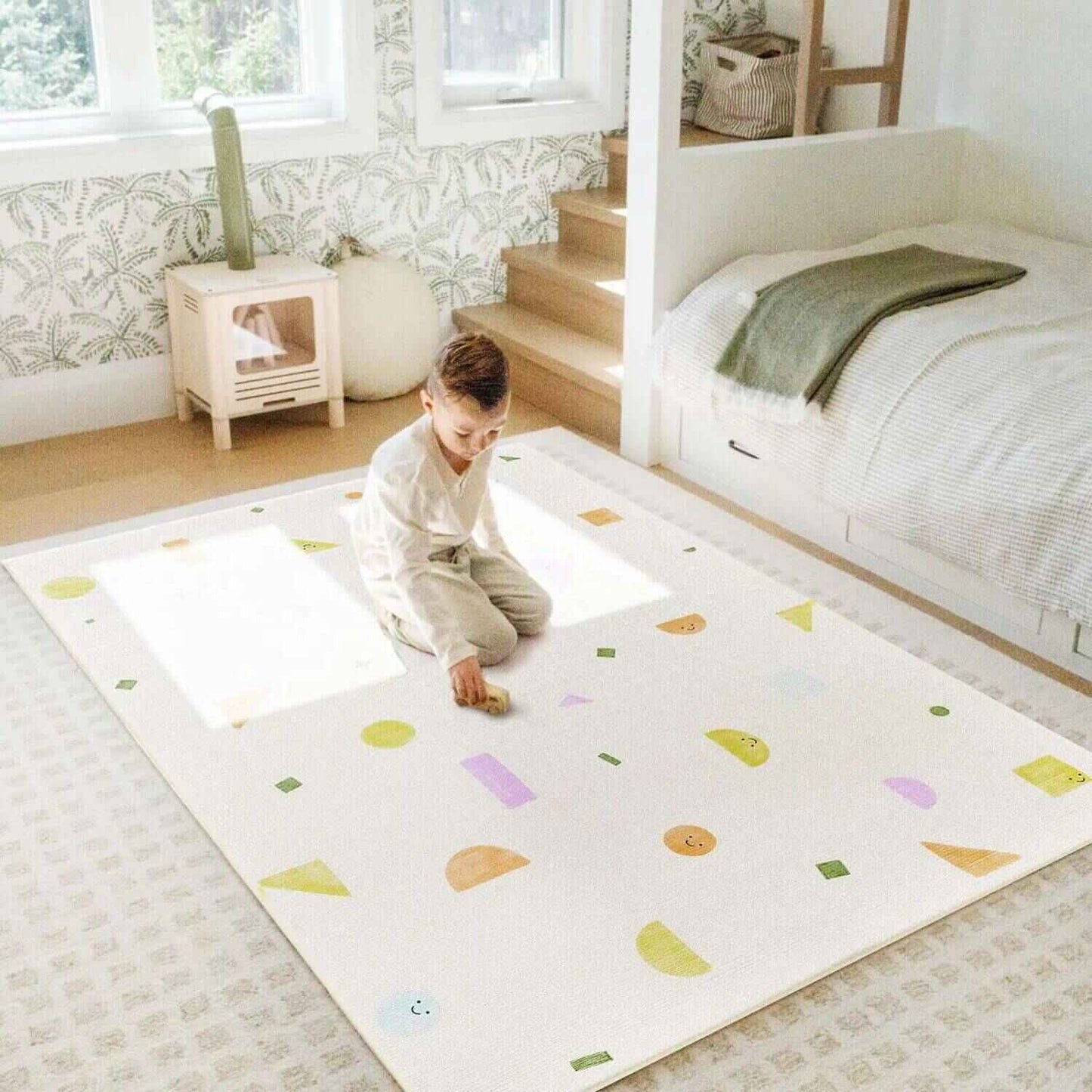 Boy Playing on Tiny Land® Double-Sided Baby Playmat Smiley Quest