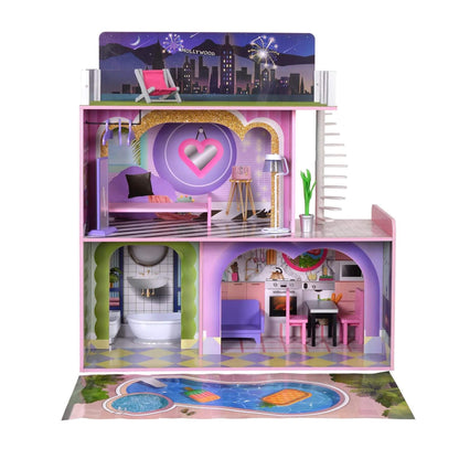 Front View of Olivia's Little World Kids Wooden Dreamland Sunset 3-Level Dollhouse Set