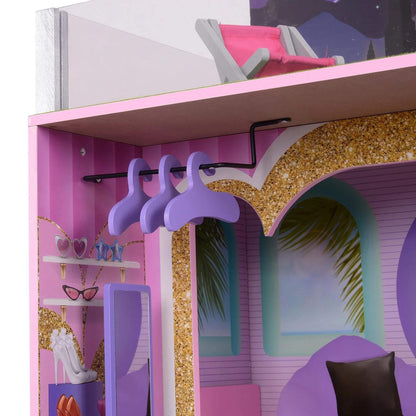 Detail of Olivia's Little World Kids Wooden Dreamland Sunset 3-Level Dollhouse Set